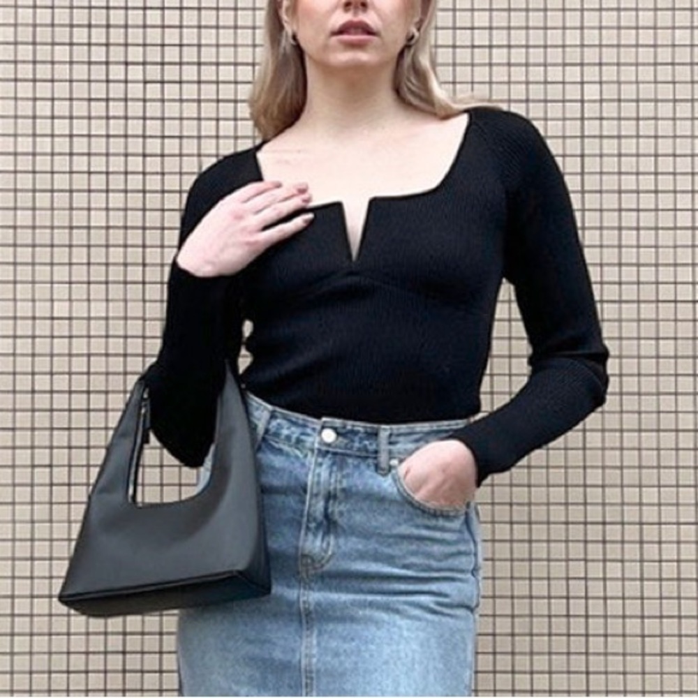 Oak + Fort Square Neck Sweater Top Ribbed Black